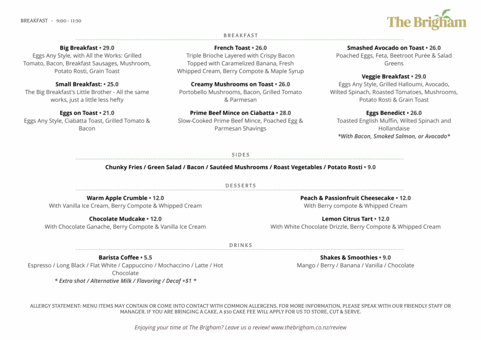 Cafe Breakfast Menu