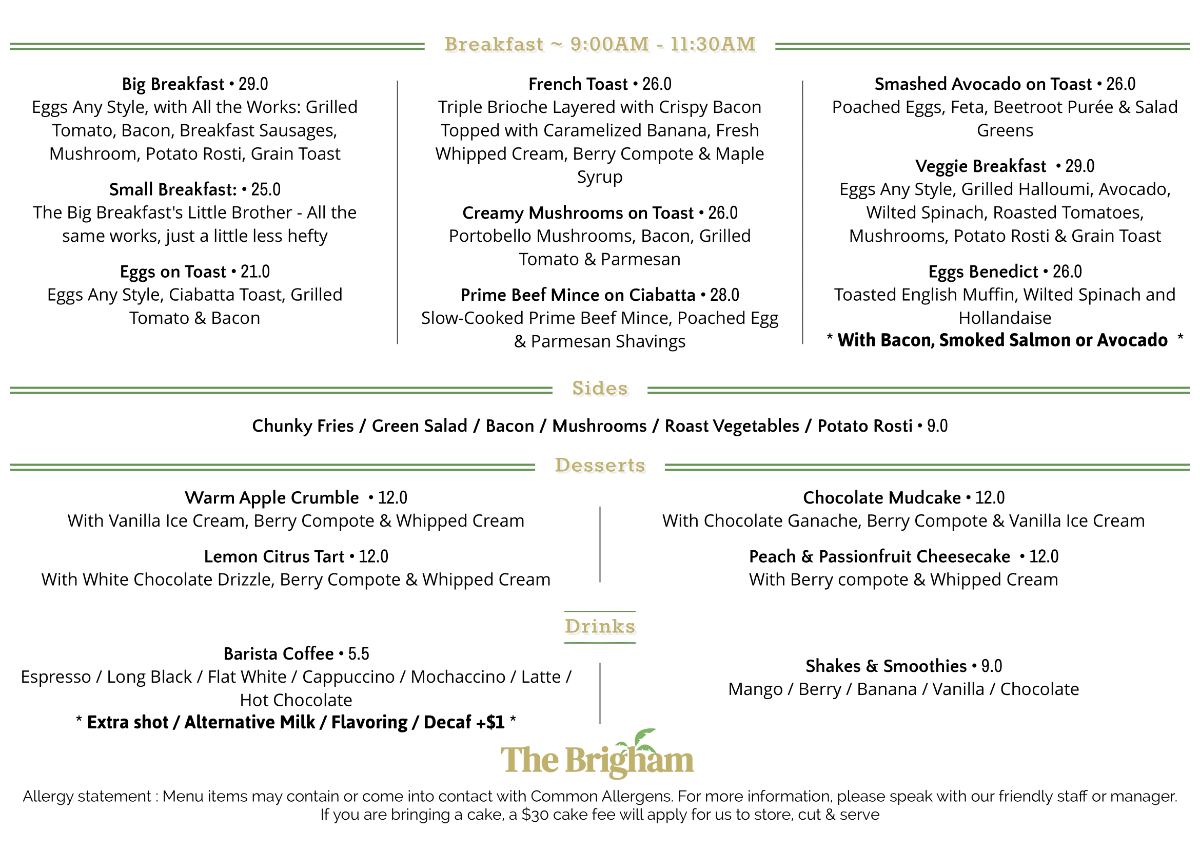 Auckland Cafe Menu For The Brigham 2024