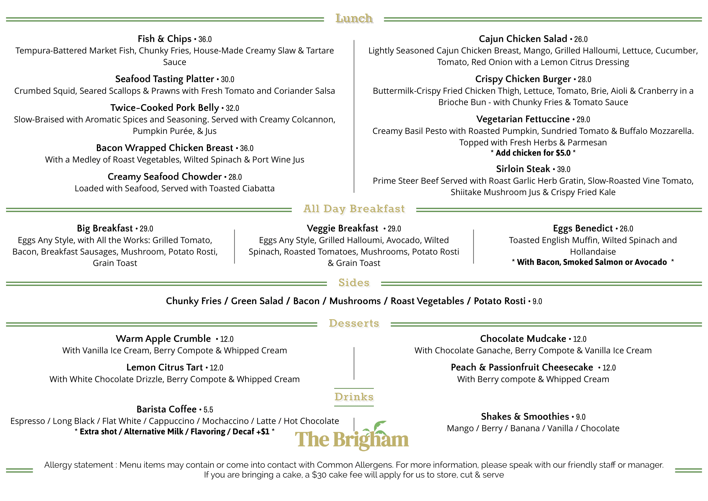 Auckland Cafe Menu For The Brigham 2024