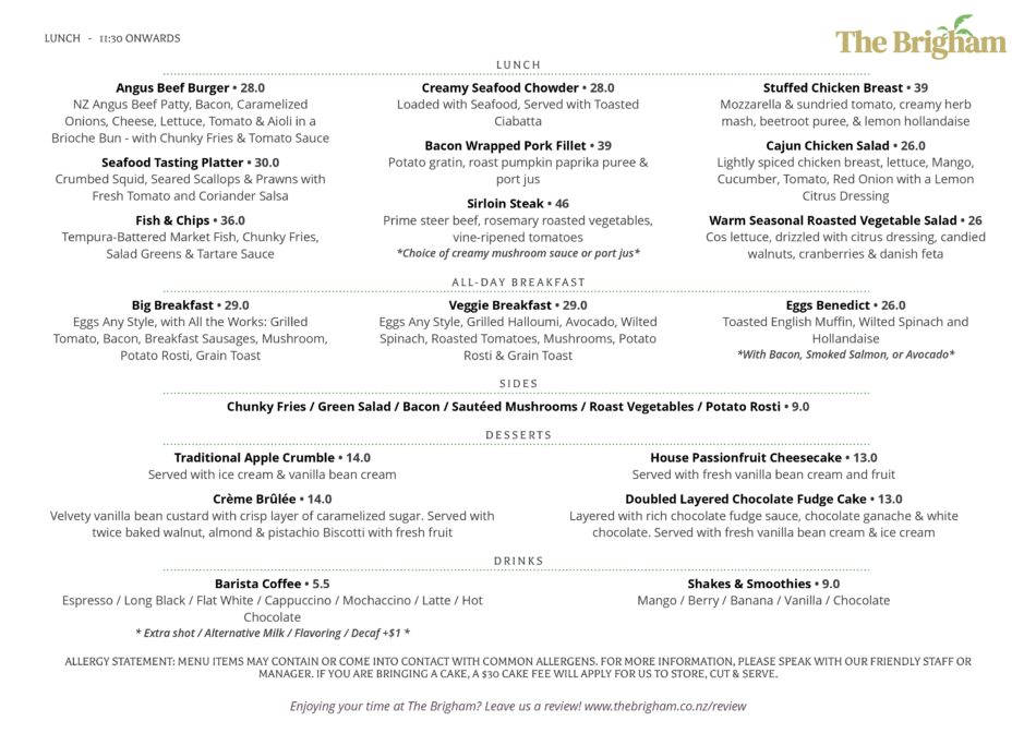 Cafe Lunch Menu